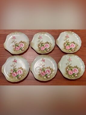 Vintage Lefton Green Heritage Rose Collection Snack Plates - Set of 6 # NE 3071